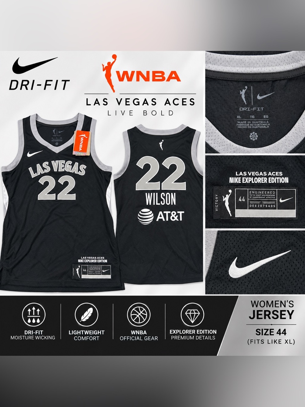 Nike Black Las Vegas Aces #22 Wilson WNBA Jersey Medium